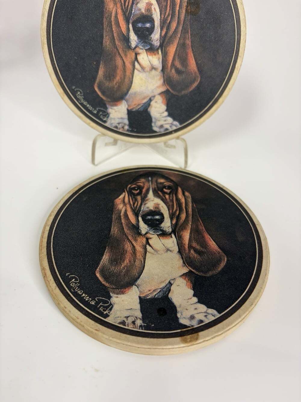 Set Of 2 Vintage Coaster Stone Ceramic Bassett Hound Coasters 4” - Picture 3 of 4